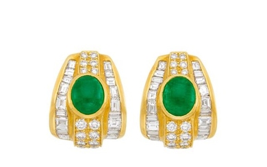 Pair of Gold, Cabochon Emerald and Diamond Earclips