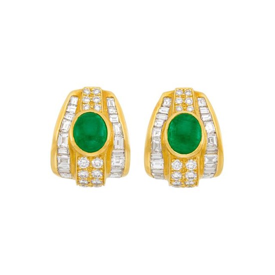 Pair of Gold, Cabochon Emerald and Diamond Earclips