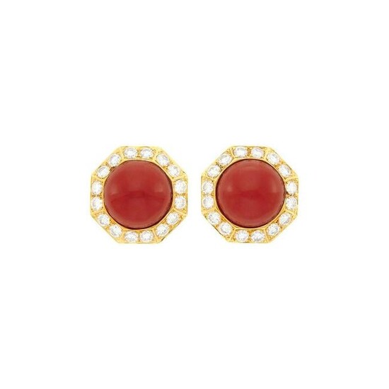Pair of Gold, Oxblood Coral and Diamond Earrings