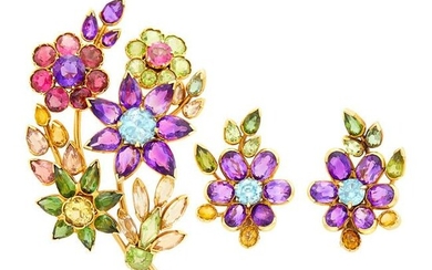 Pair of Gold and Gem-Set Flower Earclips and Bouquet