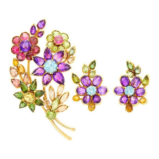Pair of Gold and Gem-Set Flower Earclips and Bouquet