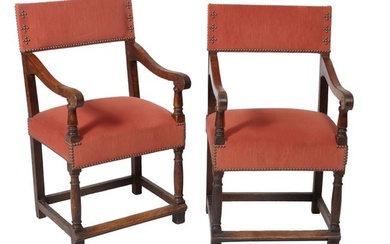 Pair of Louis XIII Style Oak Hall Chairs, 19th c., the rectangular backs with nailhead decorative