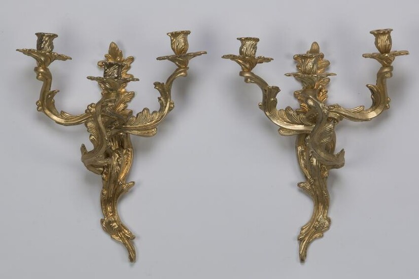 Pair of Louis XV style gilt bronze 3-arm sconces