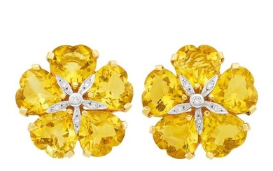 Pair of Two-Color Gold, Citrine and Diamond Flower Earclips