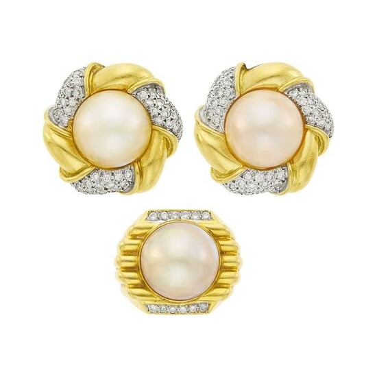 Pair of Two-Color Gold, Mabé Pearl and Diamond Earclips and Ring