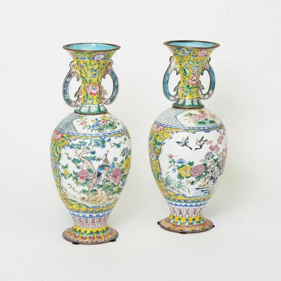 Pair of Yellow-Ground Peking Enamel Vases