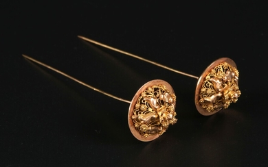 Pair of gold Axelse 'tower' pins, ca. 1900