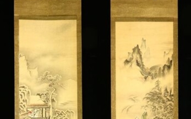 Pair of hanging scroll paintings - Silk - Kano Eisho 狩野永笑 (1819-1888) - Romance of the Three Kingdoms - Twin scrolls with signature and seal 'Shogyokusai Eisho' 正玉斎永笑 w/box - Japan - Late 19th century