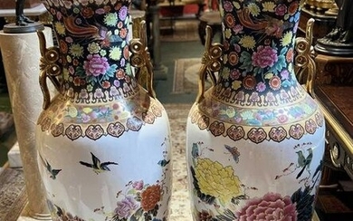 Pair of large vintage Chinese hand-painted porcelain vases