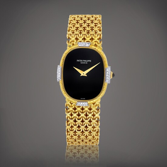 Patek Philippe Ellipse, Reference 4307/001 | A yellow gold and diamond-set bracelet watch with onyx dial, Circa 1978 | 百達翡麗 | Ellipse 型號4307/001 | 黃金鑲鑽石鏈帶腕錶，備瑪瑙錶盤，約1978年製