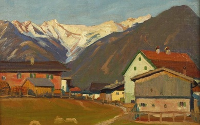 Paysage ensoleillé des Préalpes vue idyllique de village alpin devant un imposant décor de haute...
