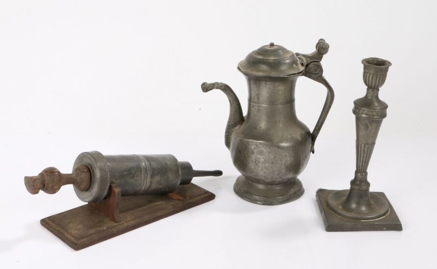 Pewter, to include a 19th Century coffee pot, a single candlestick and a 19th Century enema syringe