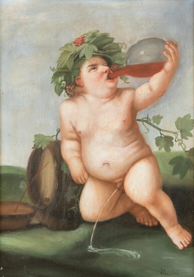 Pittore del XIX/XX secolo ( - ) Bacco che beve olio su tavola cm 40,5x30,5 - con la cornice: cm 60,5x50)