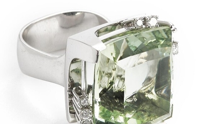 SOLD. Povl Klarlund: A beryl and diamond ring with a green beryl weighing app. 39.57 ct. and brilliant-cut weighing a total of 0.38 ct., mounted in 14k white gold. – Bruun Rasmussen Auctioneers of Fine Art