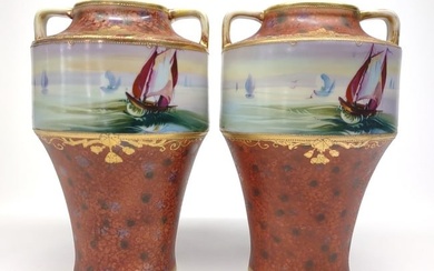 Pr of Nippon Hand Painted Sailing Ship Vases