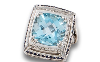 RING, SEAL TYPE, BLUE TOPAZ, DIAMONDS AND SAPPHIRES, IN WHITE GOLD