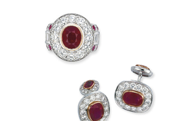 RUBY AND DIAMOND RING AND CUFFLINK SET