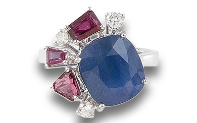 RUBY AND SAPPHIRE RING, WITH DIAMONDS, IN WHITE GOLD