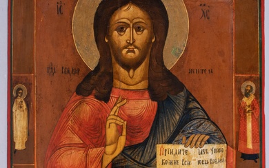 RUSSIAN, 19TH CENTURY, ICON OF CHRIST PANTOCRATOR, Egg tempera and gesso on wood panel, 17 3/8 x 15 in. (44.1 x 38.1 cm.)