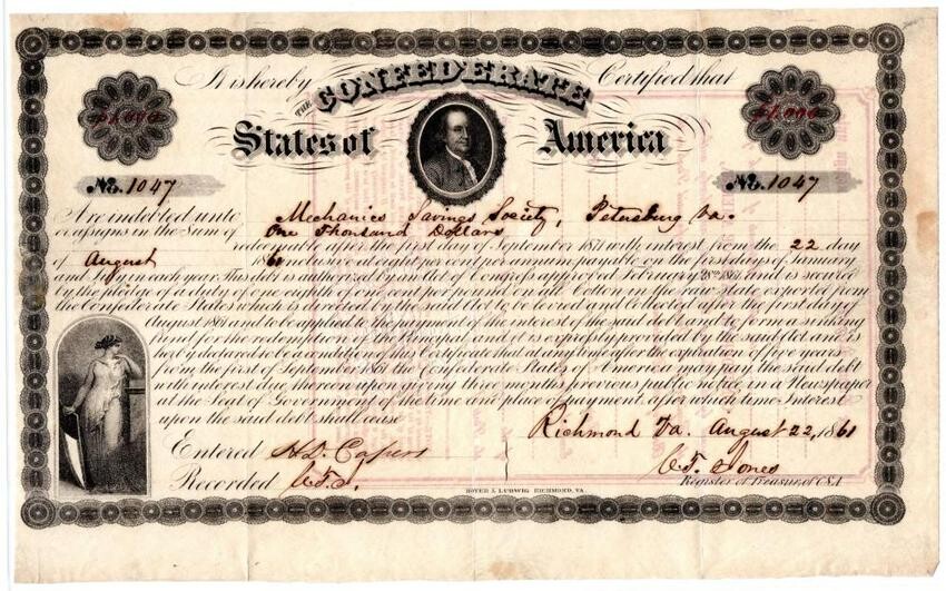 Rare Early Confederate Loan Certificate with Image of
