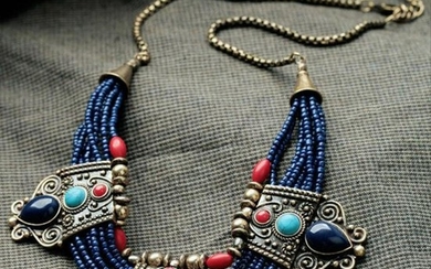 Retro Turquoise Coral Blue Bead Tibetan Necklace Lapis