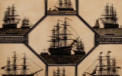 Reverse Painting on Glass Depicting Nelson's H.M.S. Victory and Other Ships Mid-19th century
