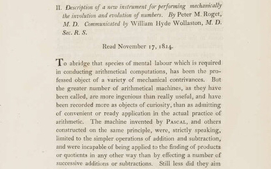 Roget (Peter Mark) Description Of A New Instrument For Performing Mechanically The Involution And Evolution Of Numbers, 1815.