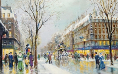 Roland Davies, British 1904-1993- Grand Boulevard Paris; oil on canvas, signed lower right, signed and titled to the reverse of the canvas, 50.5 x 76 cm (ARR)