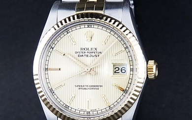 Rolex Mens Champagne Tapestry Index 14K Fluted Bezel 36MM Datejust Wristwatch