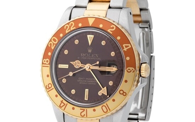 Rolex. Very Rare and Attractive GMT Master Automatic Wristwatch in Steel and Yellow Gold, Reference 16 753, With Brown Matte Dial, Link, Service and Booklet