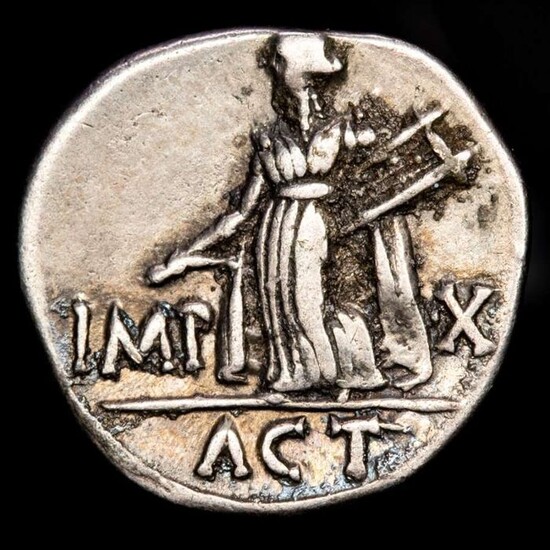 Roman Empire. Augustus (27 BC-AD 14). AR Denarius,Lugdunum - IMP - X / ACT Apollo Citharoedus long drapery, holding lyre and plectrum