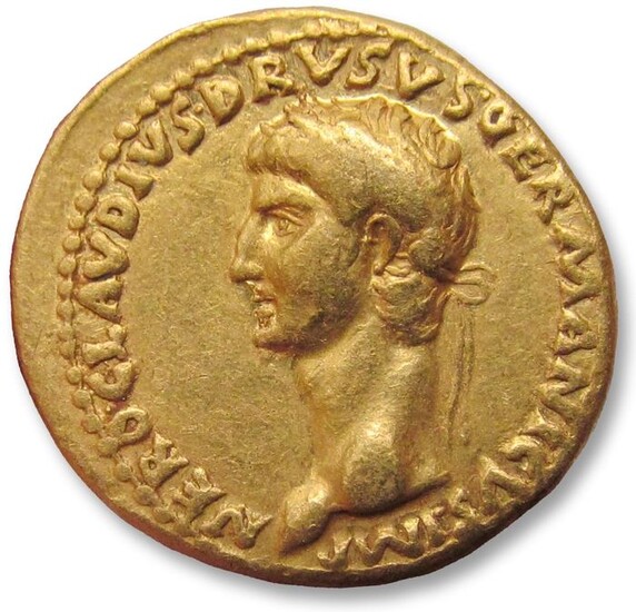Roman Empire. Nero Claudius Drusus († AD 9). Gold Aureus,Lugdunum / Lyon mint AD 41-42 - Rare, minted by Claudius to commemorate his father