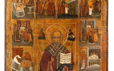 Russia, St. Nicholas the Miracle Worker and scenes from his life, Icon, circa 1850