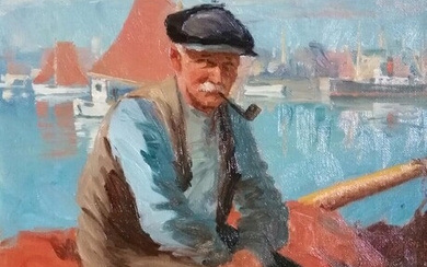 SOLD. S. C. Bjulf: Fisherman. Signed Bjulf. Oil on canvas. Visible size 38 x 31 cm. Frame size 45.5 x 38.5 cm. Framed. – Bruun Rasmussen Auctioneers of Fine Art