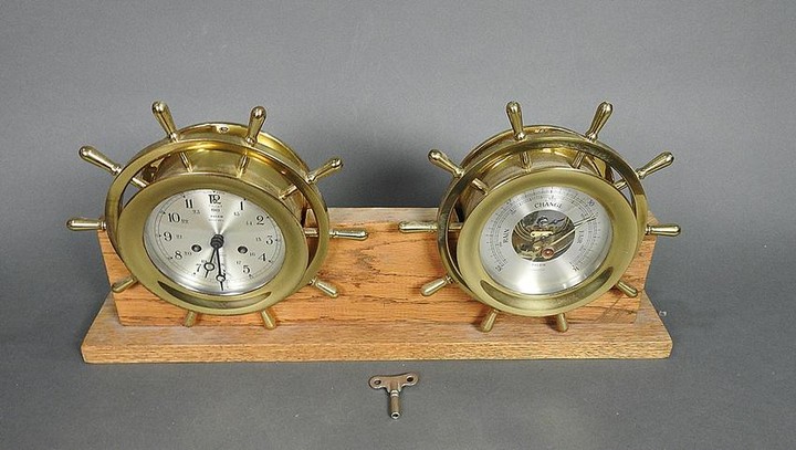 SALEM SHIP CLOCK WITH MATCHING BAROMETER ON STAND