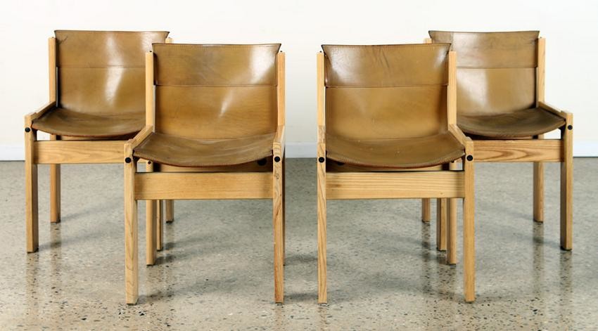 SET 4 ITALIAN OAK AND LEATHER SIDE CHAIRS C.1980