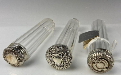 SET OF 3 VICTORIAN STERLING SILVER AND CRYSTAL BOTTLES