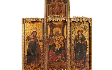 SPANISH SCHOOL, 16TH CENTURY, central panel: The Virgin and Child with Saint Anne, the Holy Trinity above; the wings: Saint John the Baptist before a richly embroidered canopy, and Saint Sebastian before a richly embroidered canopy; the predella:...