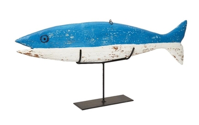 Sam Taplin, British d.2012 - Blue Fish; painted wood, resin and metal ring, on metal base, signed and titled 'Sam Taplin Blue Fish', H32 x W75 x D7.5 cm (including base) (ARR)