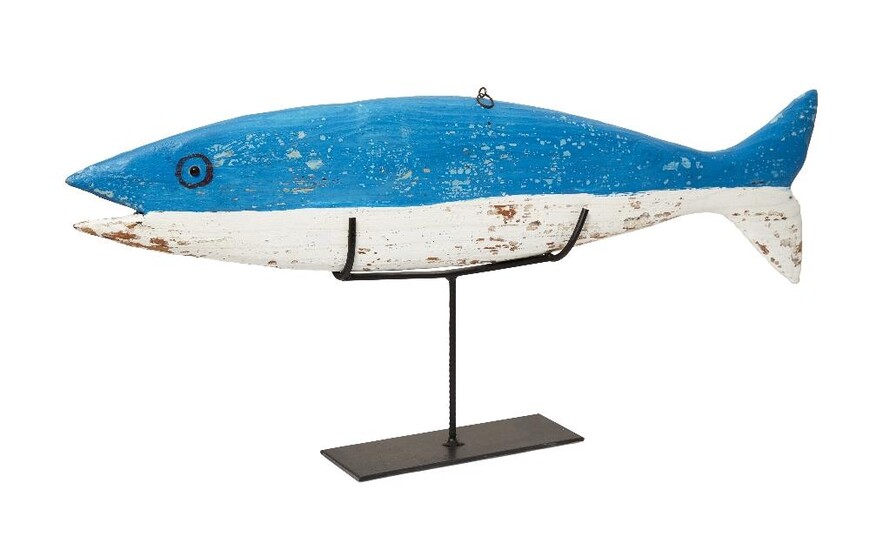 Sam Taplin, British d.2012 - Blue Fish; painted wood, resin and metal ring, on metal base, signed and titled 'Sam Taplin Blue Fish', H32 x W75 x D7.5 cm (including base) (ARR)