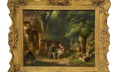 Scena familiare all'aperto con bambini e cane, 19° secolo