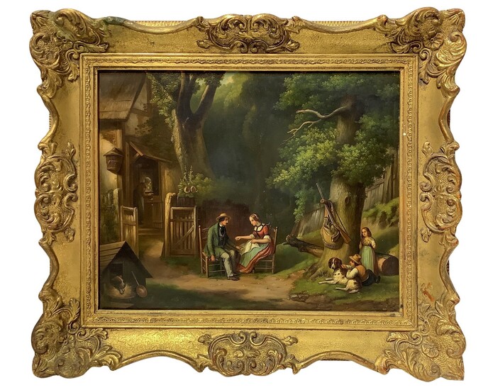 Scena familiare all'aperto con bambini e cane, 19° secolo