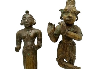 Sculpture, Two bronze statues Krishna and Gopi - 19th century - 22 cm - Bronze