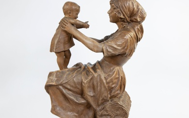 Sculpture en terre cuite représentant une mère et son enfant, 19e siècle, signée Dublanc Sculpture...