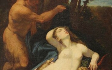 Scuola italiana seguace del Correggio - Venere con Cupido e Satiro