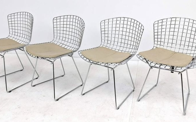 Set 4 BERTOIA Wire Mesh Chrome Chairs. Tan vinyl seat c