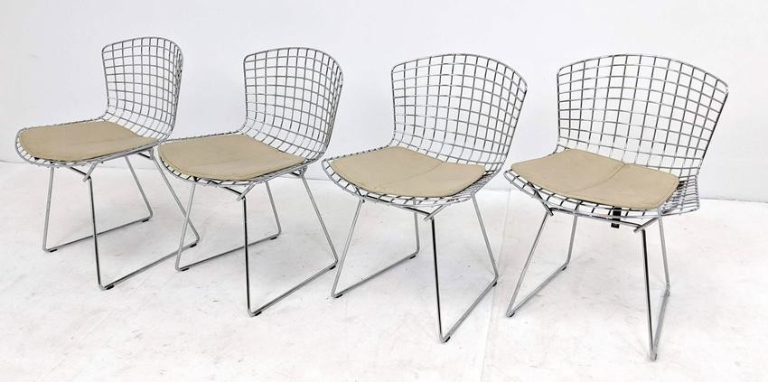 Set 4 BERTOIA Wire Mesh Chrome Chairs. Tan vinyl seat c