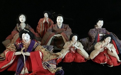 Set of 7 / 明治時代 MEIJI ERA / Japanese Antique 雛人形 HINA Doll Statue Kimono - Silk - Japan (No Reserve Price)