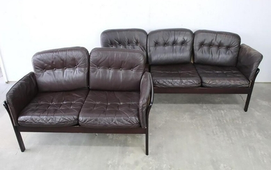 Set of Mid-Century Modern Leather Caned Loveseat & Sofa