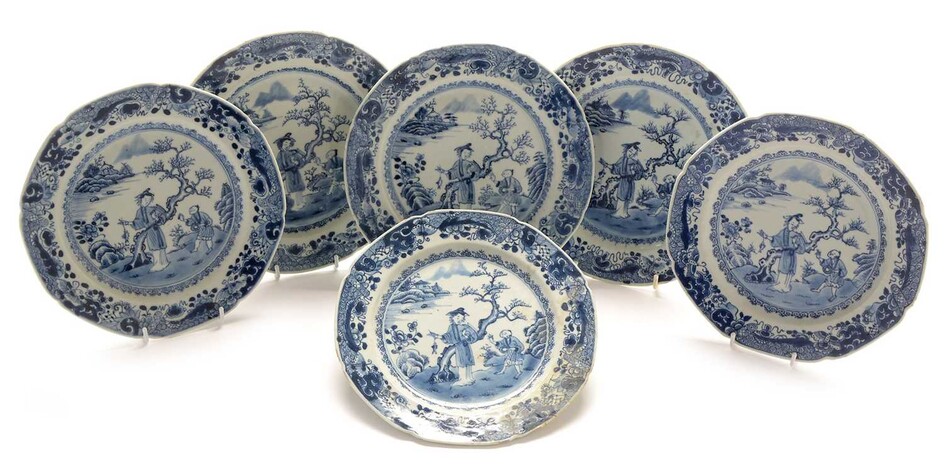 Set of six Chinese export ware blue and white plates